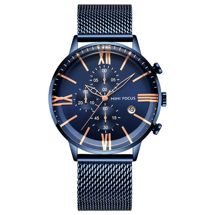 MINI FOCUS MF0236G Business Chronograph Calendar Mesh Steel Quartz Watch Men Wristwatch - MRSLM