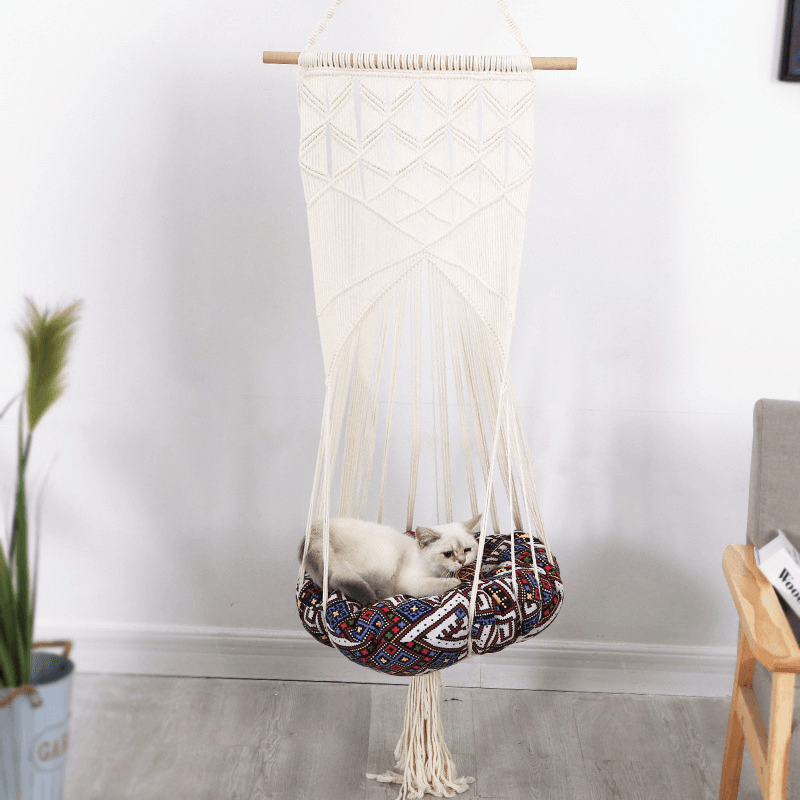 Bohemian Cat Bed Swing Handmade Hammock Handwoven Pet Cats Dog Hanging Tassel Sleep Chair Seat Universal - MRSLM