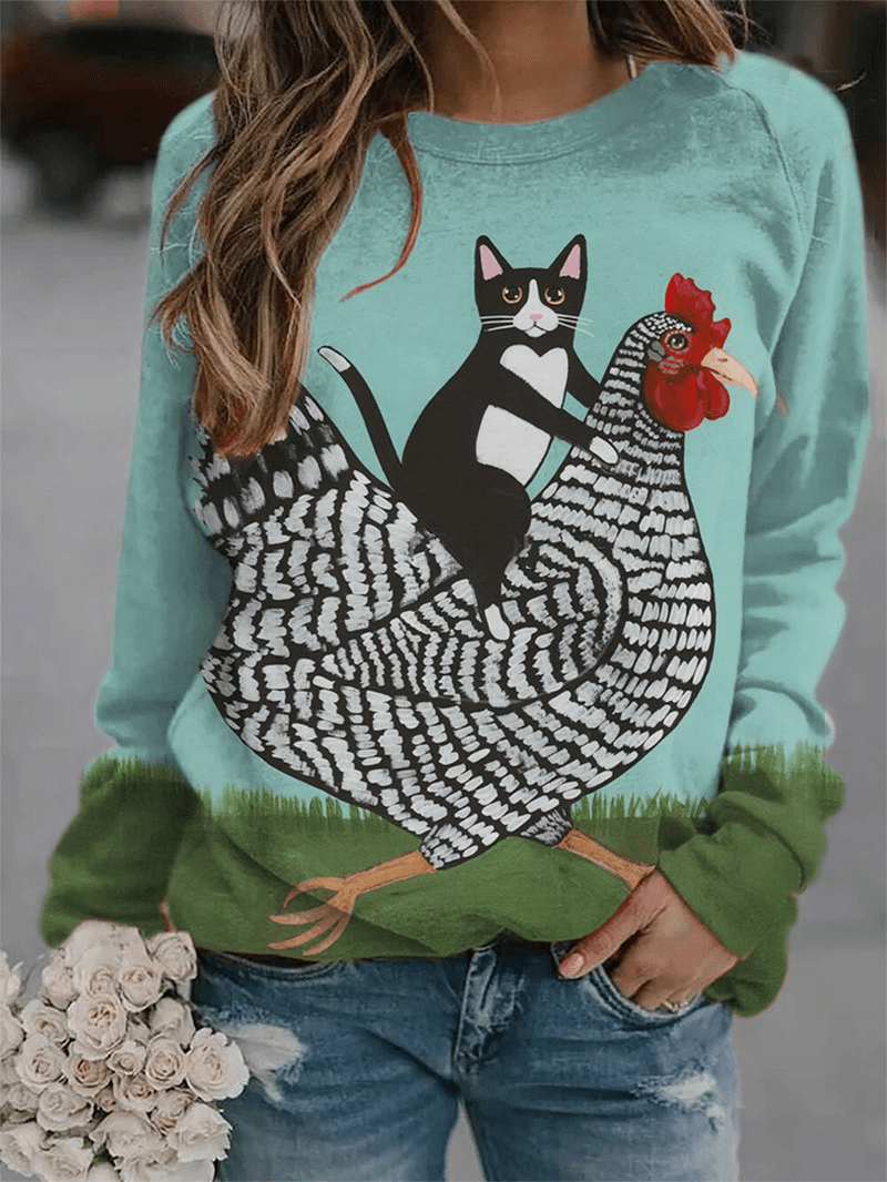 Women Cute Cartoon Cat Cock Print O-Neck Long Sleeves Casual T-Shirt - MRSLM
