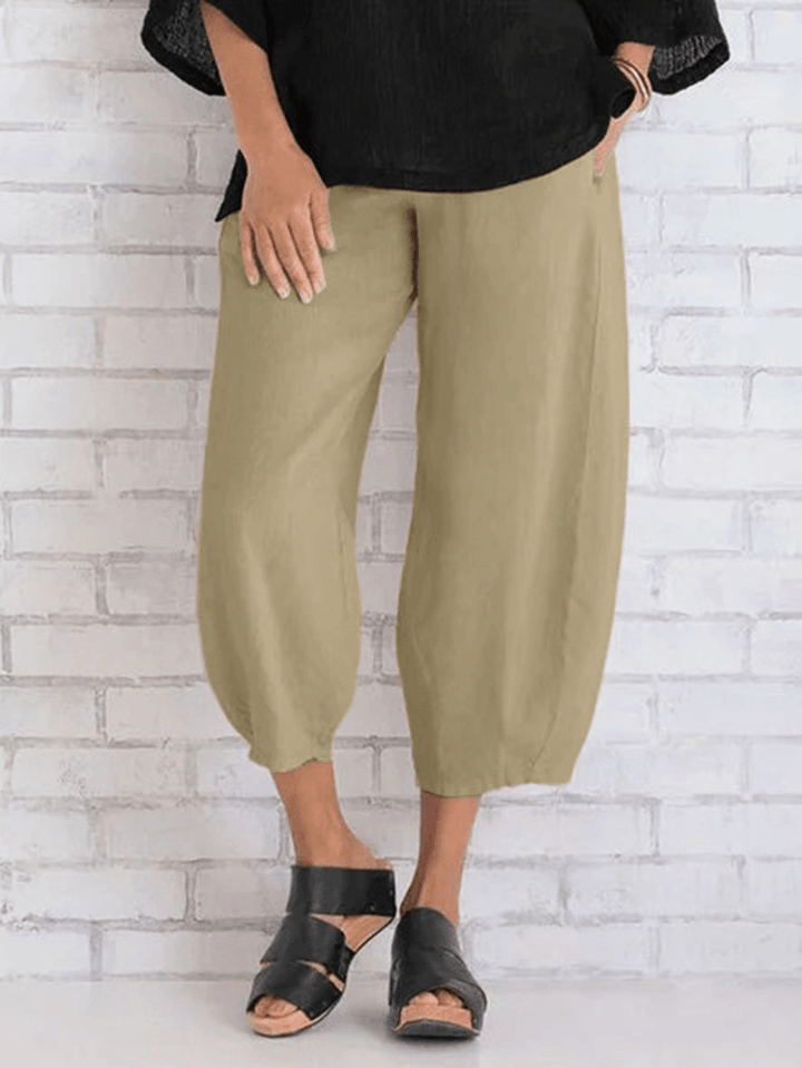 Women Solid Color Cotton Elastic Waist Trouser Pants - MRSLM