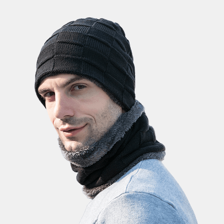 Men 3PCS plus Velvet Keep Warm Winter Neck Protection Headgear Scarf Full-Finger Gloves Knitted Hat Beanie - MRSLM