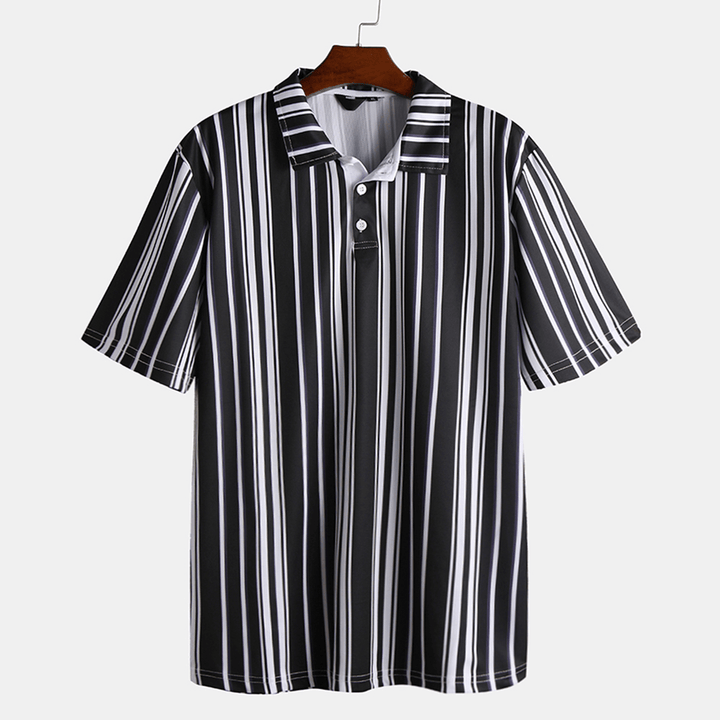 Mens Black White Stripes Printing Summer Golf Shirts - MRSLM