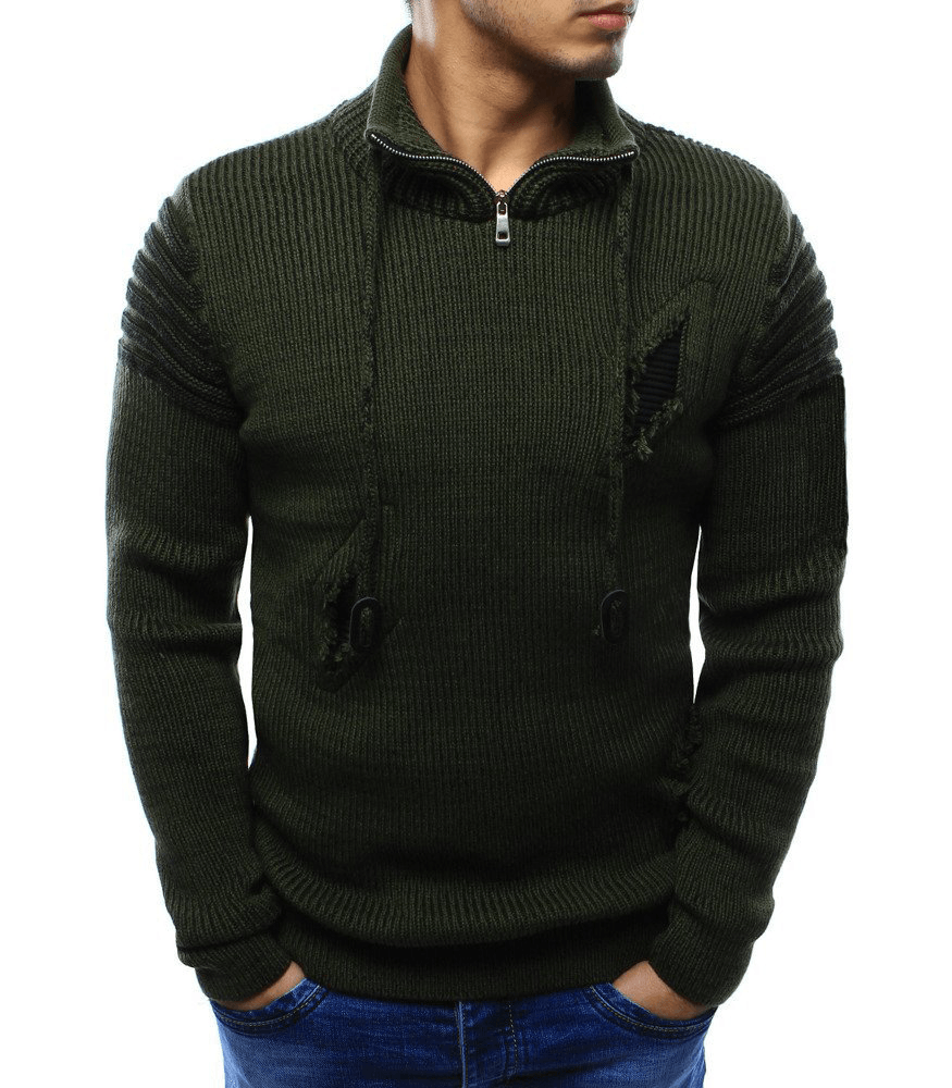 High Neck Zipper Broken Hole Fashion Trendy Sweater - MRSLM