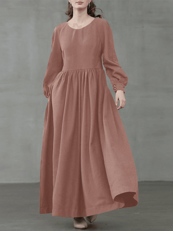 Women Solid Color Vintage Lantern Sleeve High Waist Bohemian Maxi Dress - MRSLM