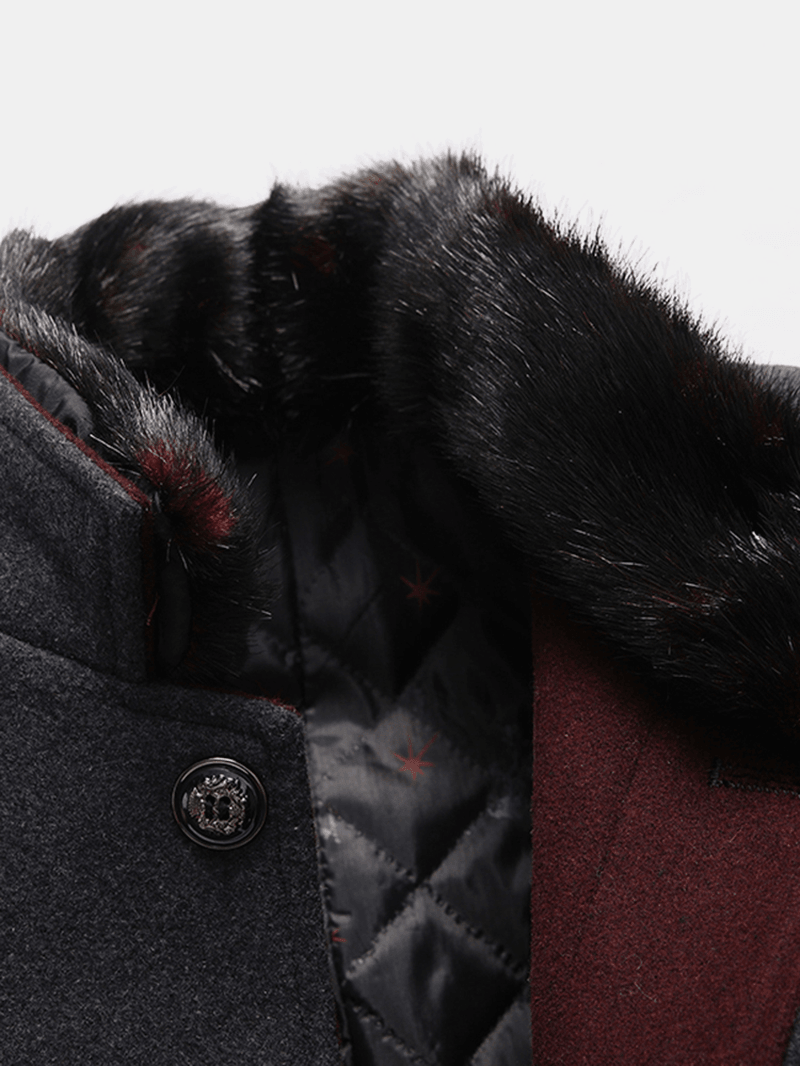 Mens Single Breasted Faux Fur Collar Thick Casual Woolen Trench Coats - MRSLM