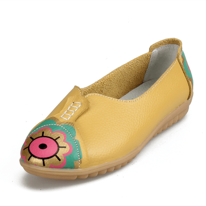 Sun Eye Flower Pattern Soft Leather Slip-Ons Lazy Driving Flat Loafers - MRSLM