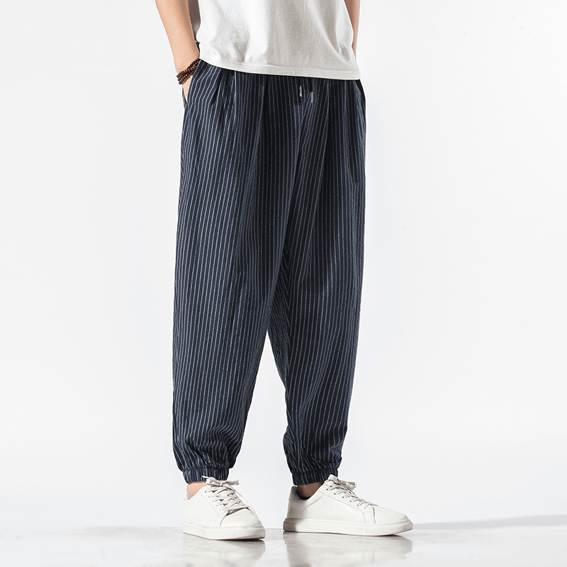 Chinese Style Cotton and Linen Casual Pants Men'S Loose Striped Wide-Leg Lamp - MRSLM