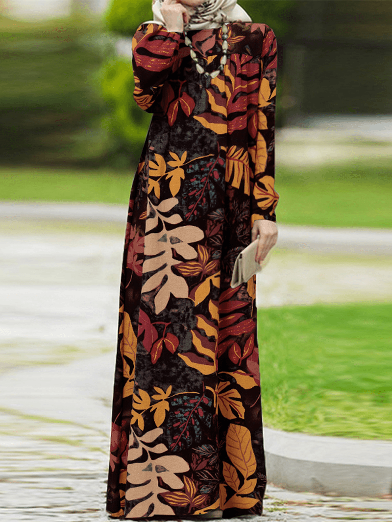 Women Vintage Flowers Print Puff Sleeve Lace-Up Bohemian Maxi Dress - MRSLM