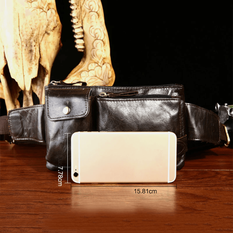 Men Genuine Leather Business Outdoor Retro Multi-Carry Leather 6.3 Inch Phone Bag Waist Bag Chest Bag - MRSLM