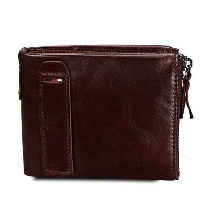 Men RFID Genuine Leather Short Double Zipper Wallet - MRSLM