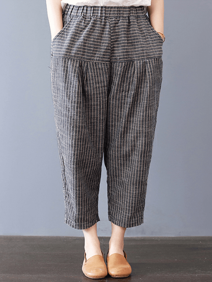 Women Stripe Elastic Waist Pockets Harem Pants - MRSLM