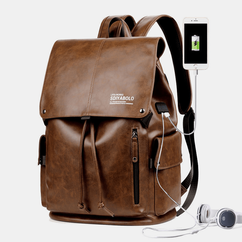 Men Faux Leather Large Capacity Waterproof 13.3 Inch Laptop Bag Travel Bag Backpack with USB Charging - MRSLM