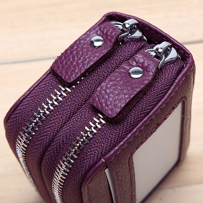 Genuine Leather RFID Double Zipper 11 Card Holder Coin Bag - MRSLM