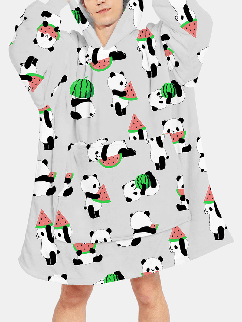 Mens Cartoon Animal Print Sherpa Lined Reversible Blanket Hoodie Warm Loungewear with Pocket - MRSLM