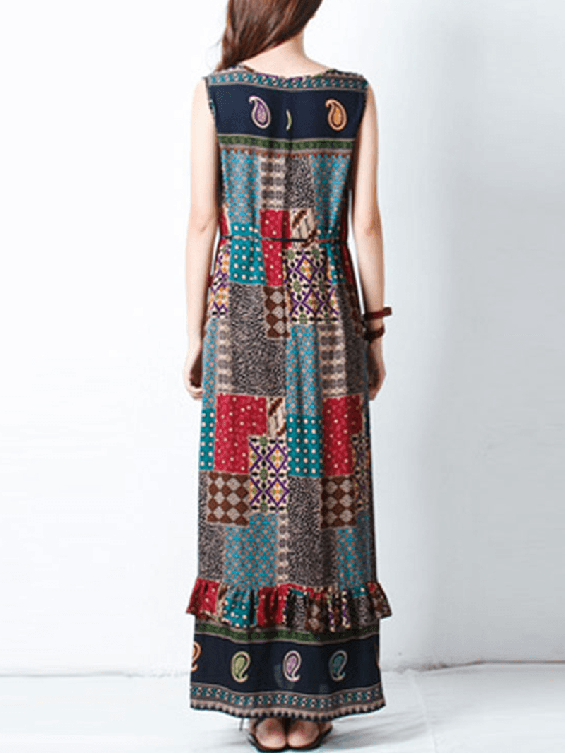 Bohemian Women Sleeveless O-Neck Printed Maxi Tank Dress - MRSLM