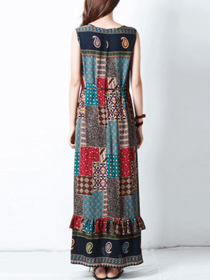Bohemian Women Sleeveless O-Neck Printed Maxi Tank Dress - MRSLM