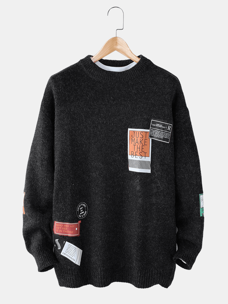 Mens Letter Label Print round Neck Drop Shoulder Pullover Knitted Sweaters - MRSLM