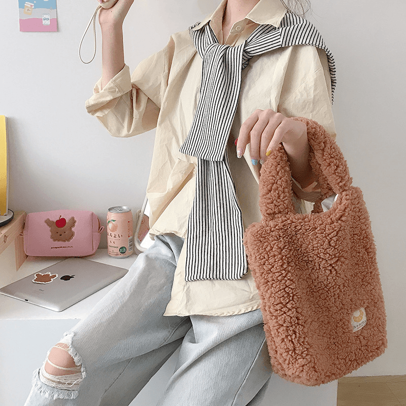 Women Lamb Wool Soft Small Easy Carry Casual Solid Color Handbag - MRSLM