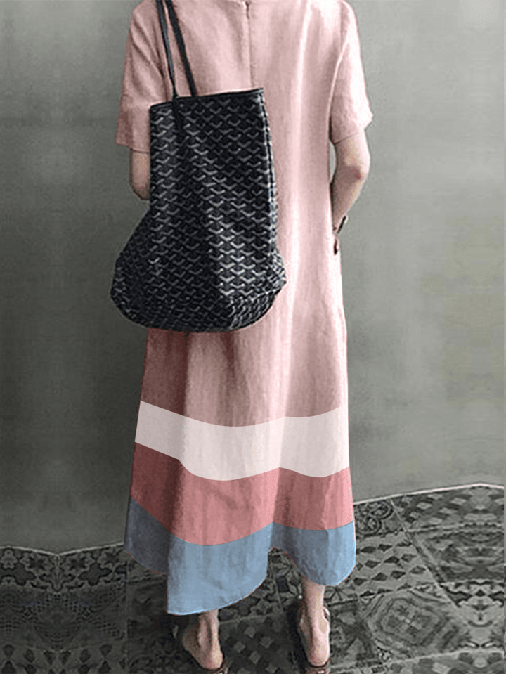Women Cotton Contrast Color Stripe Print V-Neck Side Pocket Maxi Dress - MRSLM