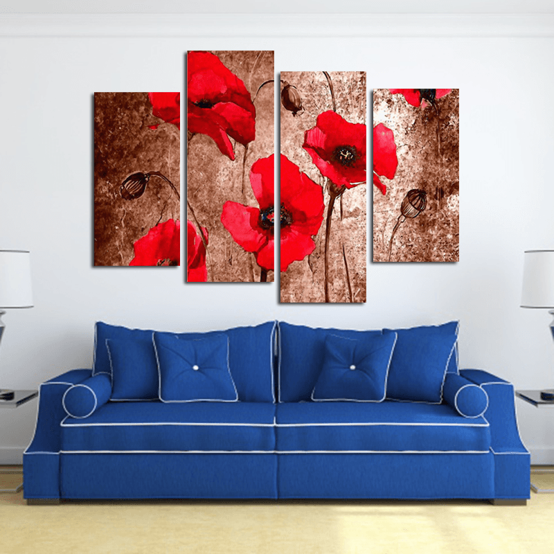 Miico Hand Painted Four Combination Decorative Paintings Red Flowers Wall Art for Home Decoration - MRSLM