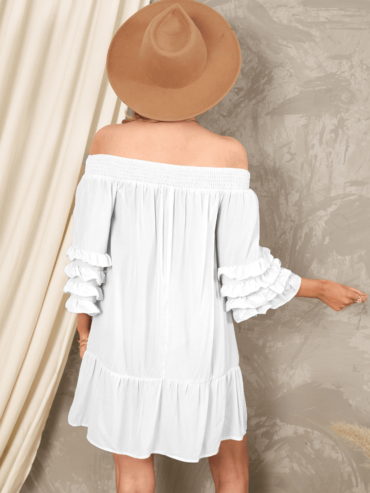 Off Shoulder Pleats Solid Casual Mini Dresses for Women - MRSLM