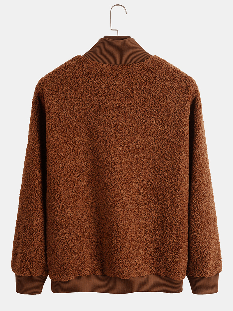Men Teddy Fleece High Neck Solid Color Half Zip Pullover Casual Sweatshirt - MRSLM