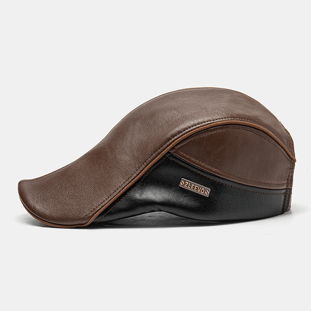 Men PU Leather Double Layer Adjustable Beret Cap Letter Label Wild Suncreen Newsboy Hat Driving Hunting Hat - MRSLM