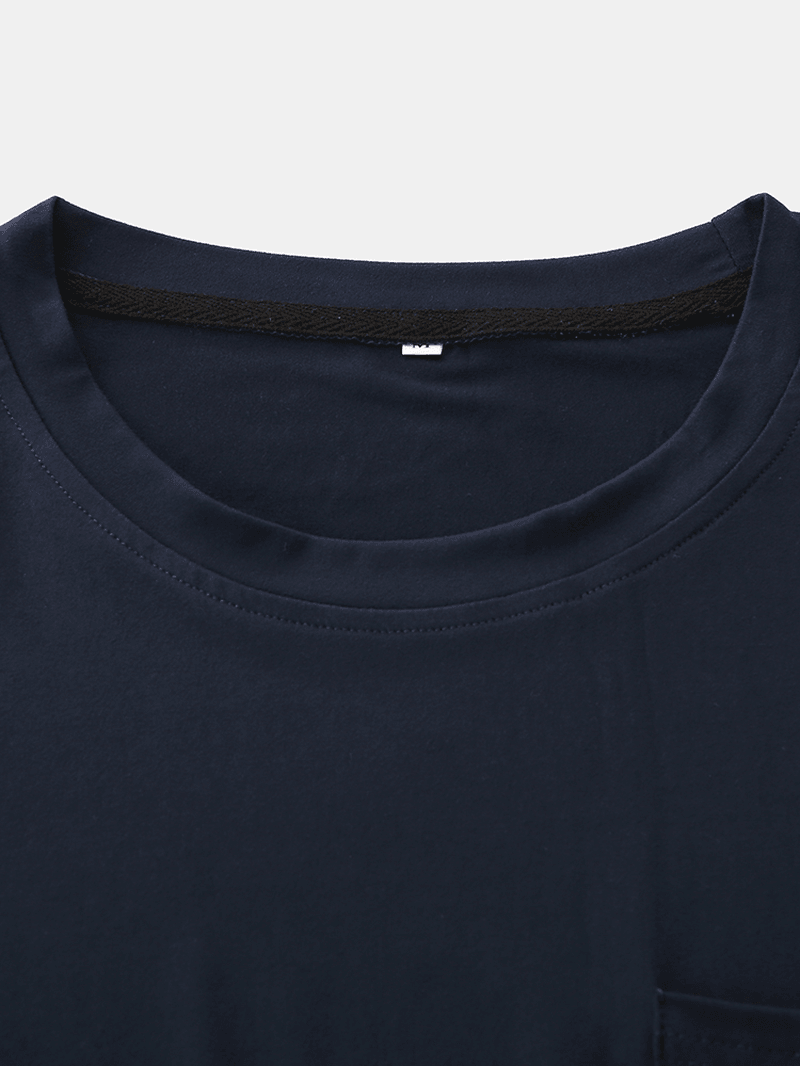 Mens O-Neck Casual Chest Pocket Curved Hem Short Sleeve Solid T-Shirt - MRSLM