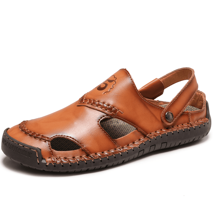 Men Cowhide Leather Breathable Hand Stitching Soft Bottom Comfy Outdoor Casual Sandals - MRSLM