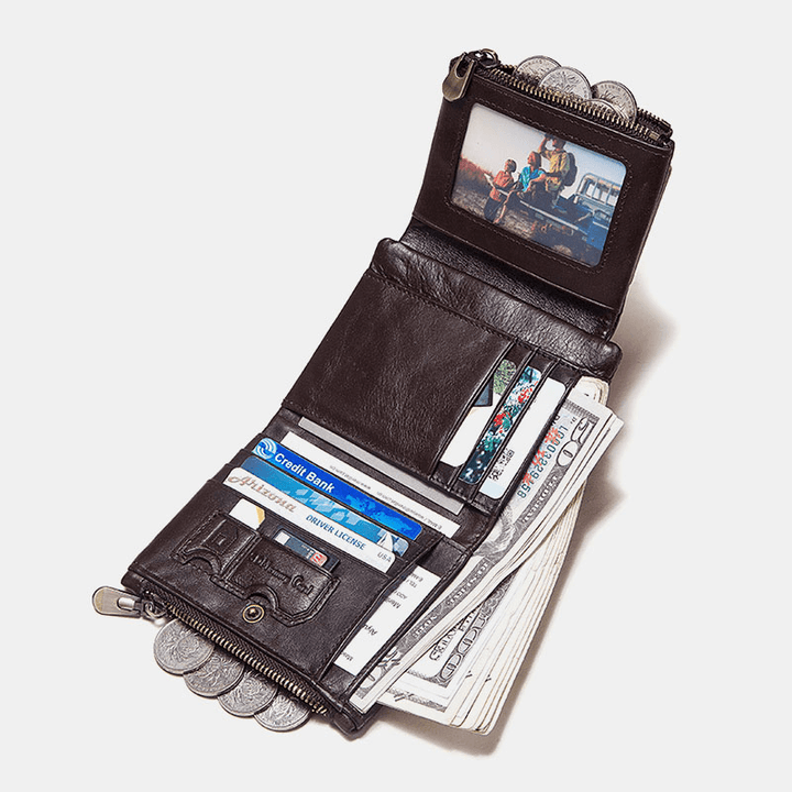 Men Genuine Leather RFID Anti-Theft Zipper Multi-Slot Card Holder Wallet - MRSLM