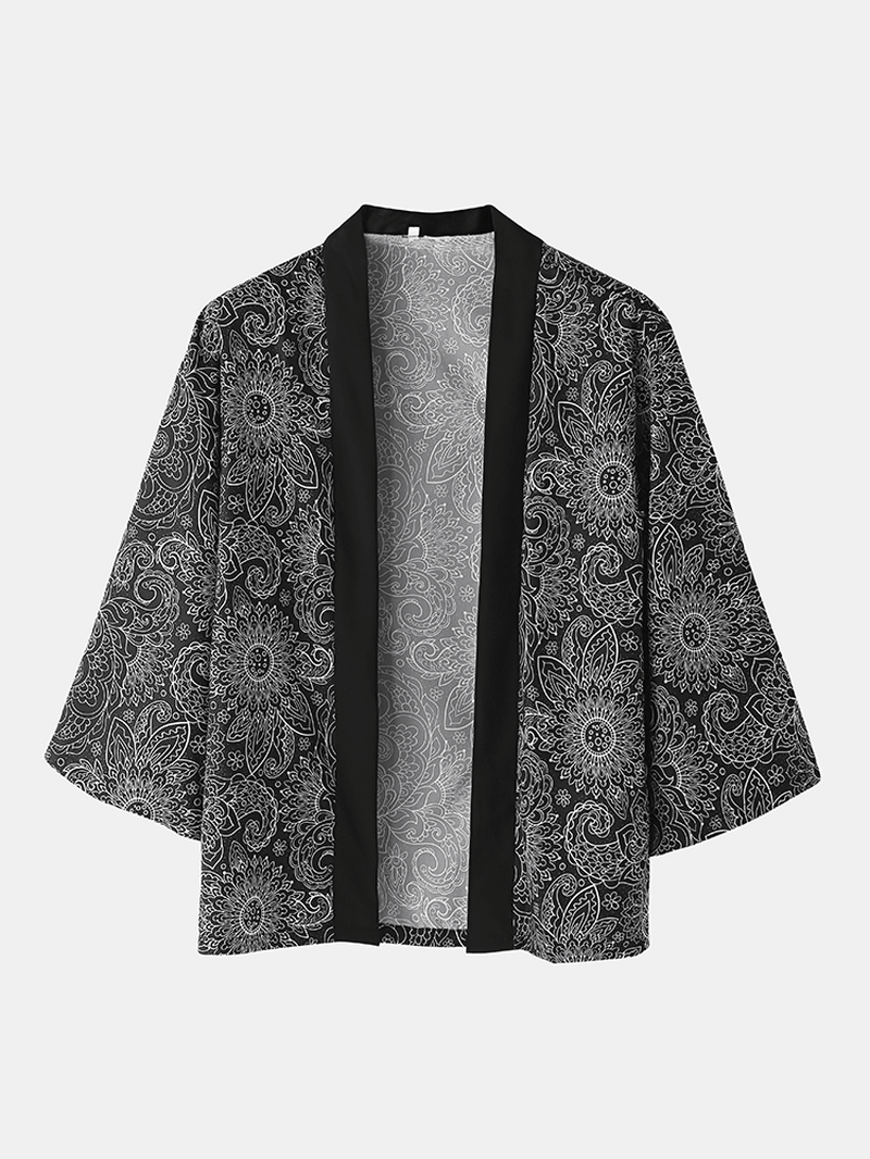 Mens Ethnic Style Print Kimono Tops Knee Length Shorts Casual Pajama Set - MRSLM