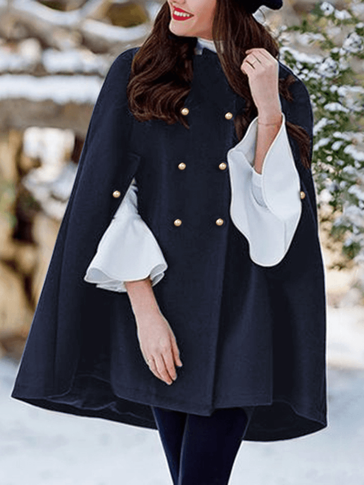 Women Solid Color Pleats Double Breasted Cloak Decorative Button Turn-Down-Collar Casual Coats - MRSLM