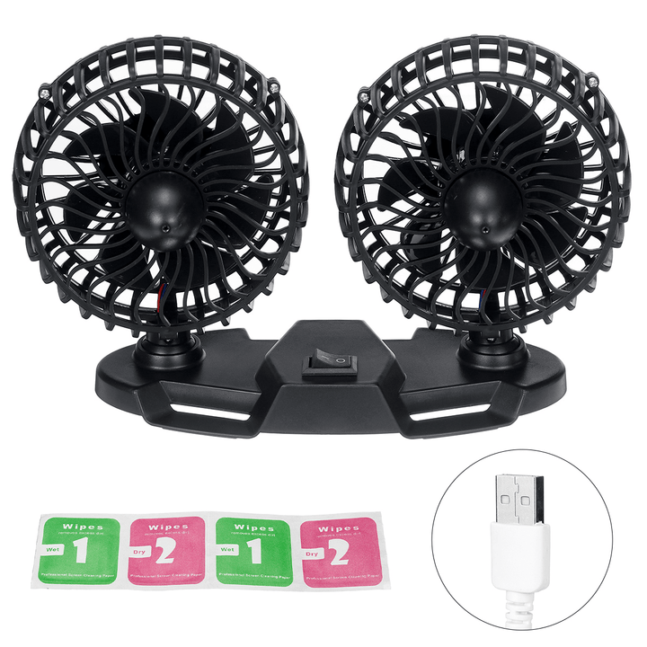 Electric USB Car Fan Double-Headed Car Fan 360° Rotating & 3 Gear Cooling Fan - MRSLM