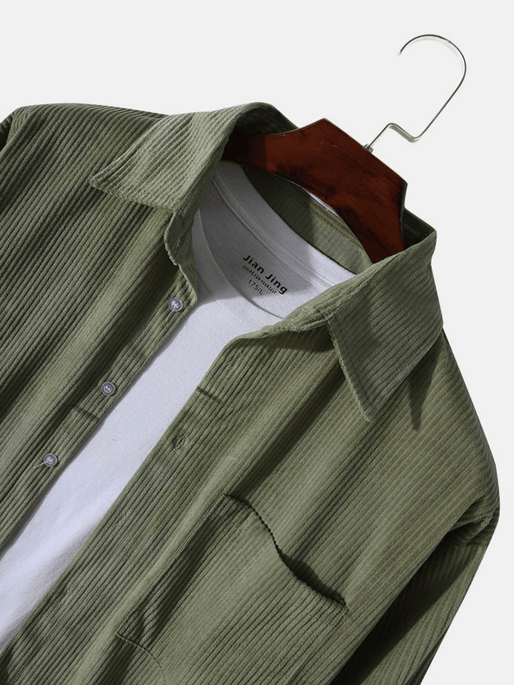 Mens Corduroy Solid Simple Pocket Lapel Long Sleeve Shirt - MRSLM