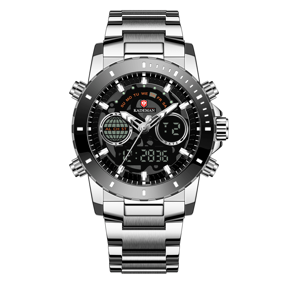 KADEMAN K9102 Full Stainless Steel Strap Countdown Alarm 30M Waterproof Dual Display Digital Watch - MRSLM