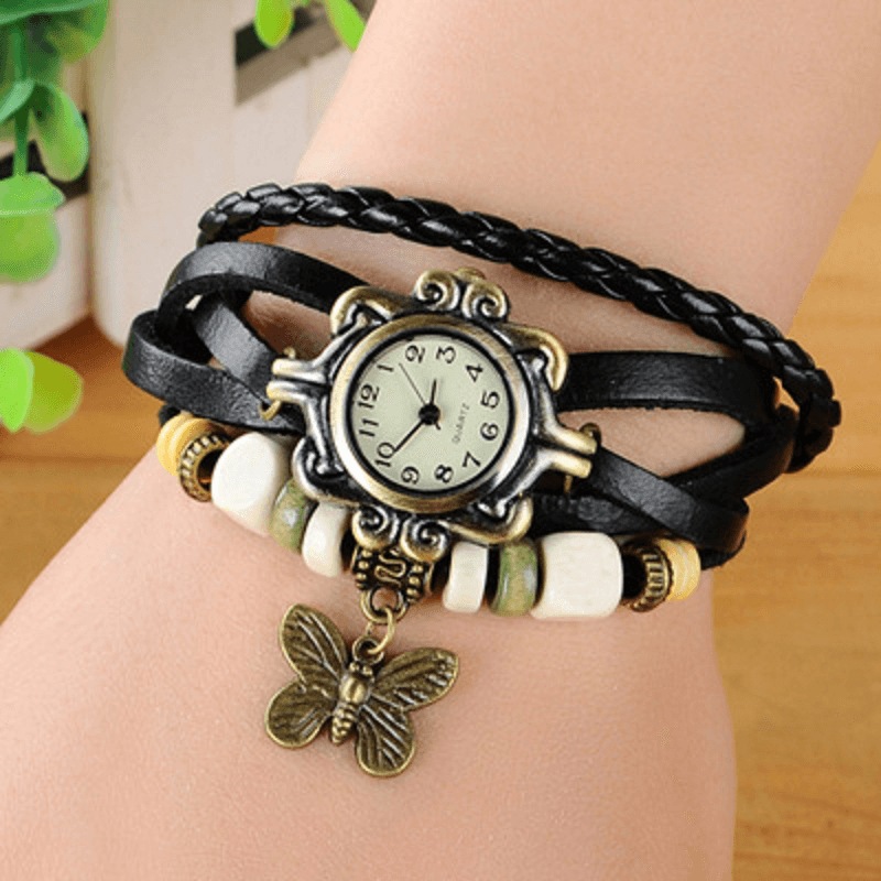 Women Casual Vintage Multilayer Butterfly Faux Leather Bracelet Quartz Watch - MRSLM
