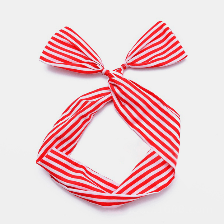 Women Cute Sweet Bow Headdress Dot Stripe Pattern with Adjustable Straight Wire Fabric Cross Tie Headband - MRSLM