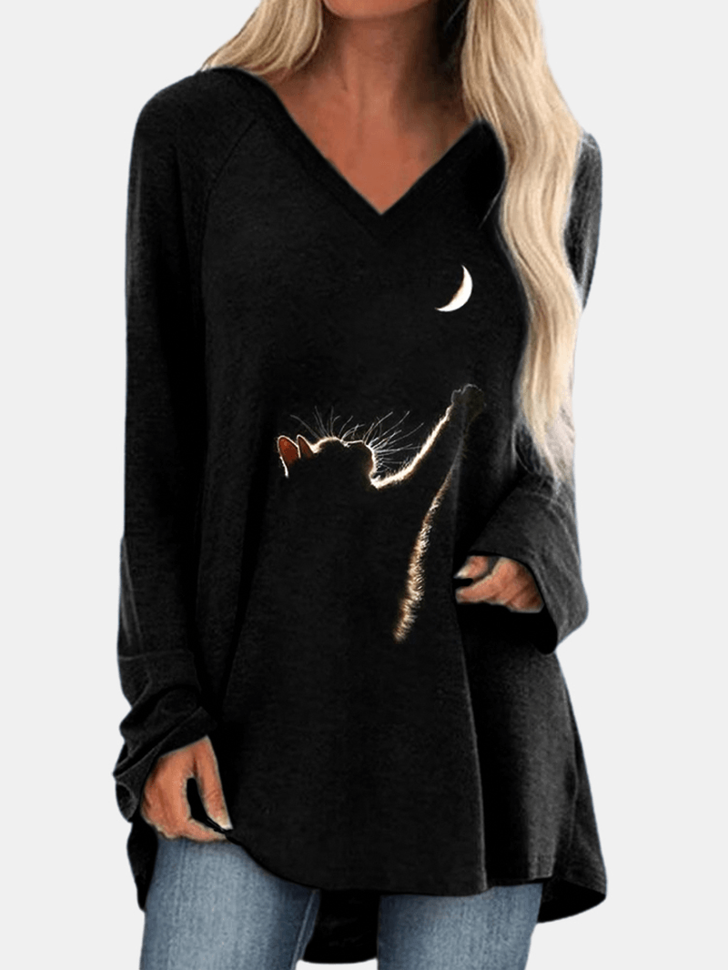 Cat Print Long Sleeves V-Neck High Low Hem Casual T-Shirt for Women - MRSLM