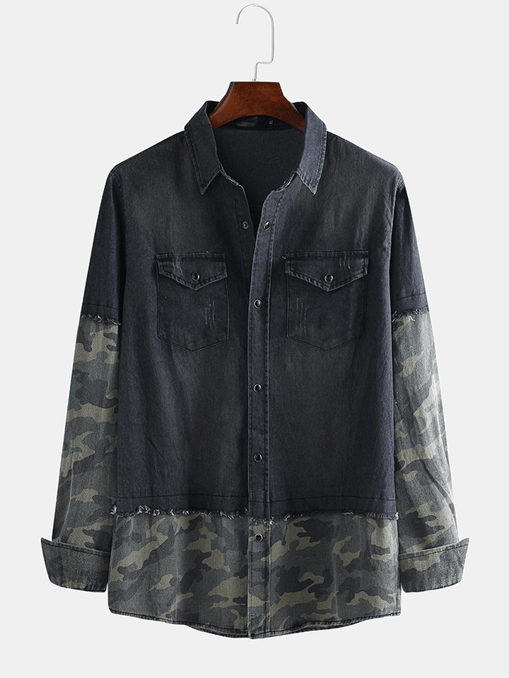 Men'S Long-Sleeved Camouflage Stitching Personality Trend Double Pocket Denim Shirts - MRSLM