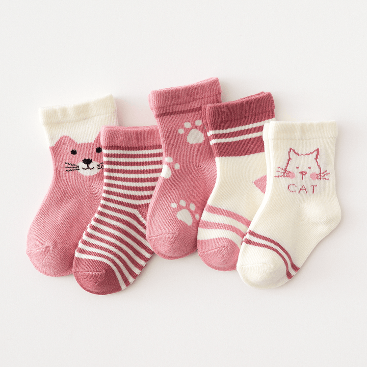 5 Pairs of Children Four Seasons Tube Socks Pink Cat - MRSLM