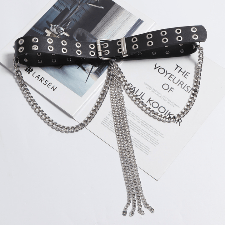 Fashion All-Match Black Belt Tassel Chain Double Row Perforated Hundred Matching Waist Seal - MRSLM