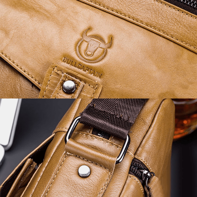 BULLCAPTAIN Men Genuine Leather Business Retro Solid Color Crossbody Bag Shoulder Bag - MRSLM