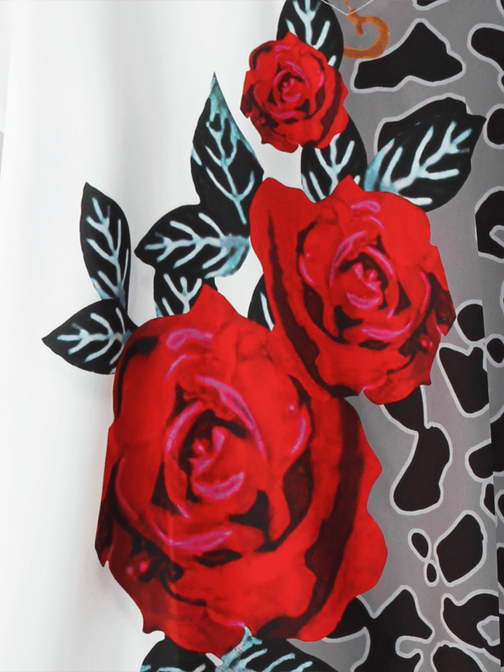 Women Leopard Floral Print V-Neck Casual Short Sleeve Dress - MRSLM