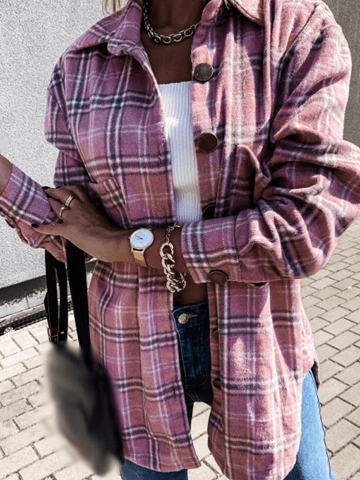 Women Plaid Button Front Lapel Casual Long Sleeve Shirt Coats - MRSLM