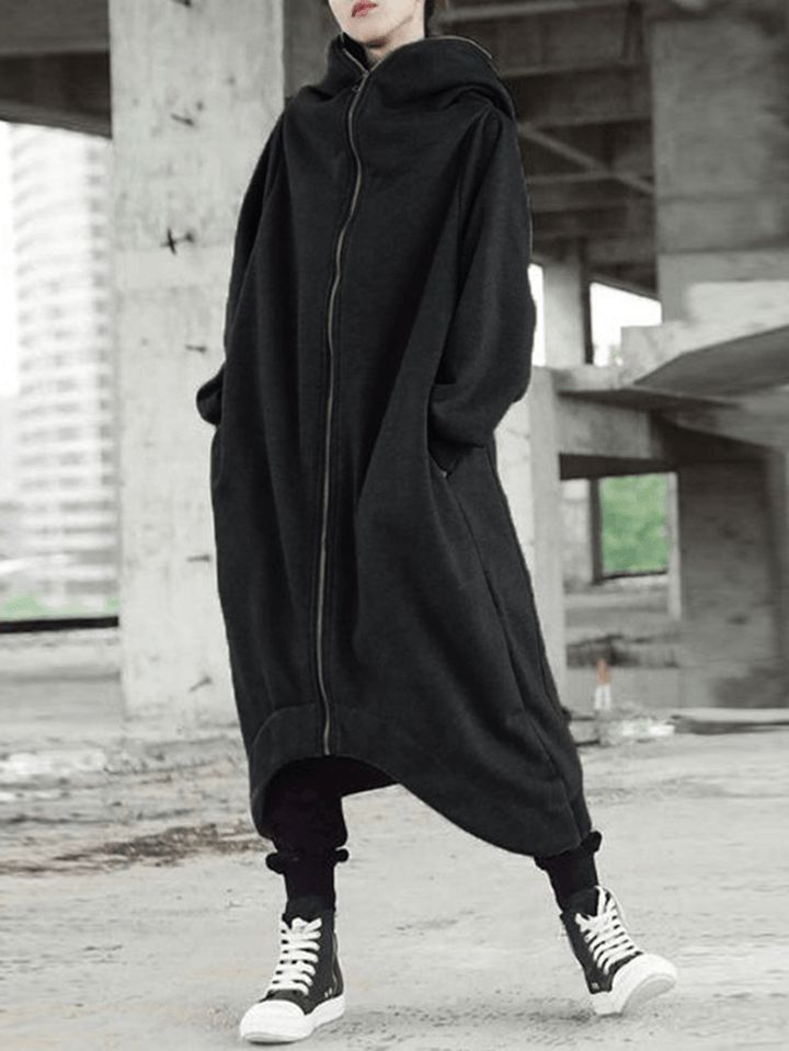 Women Causal Hoodies Hooded Long Coats Zipper Asymmetric Jackets - MRSLM