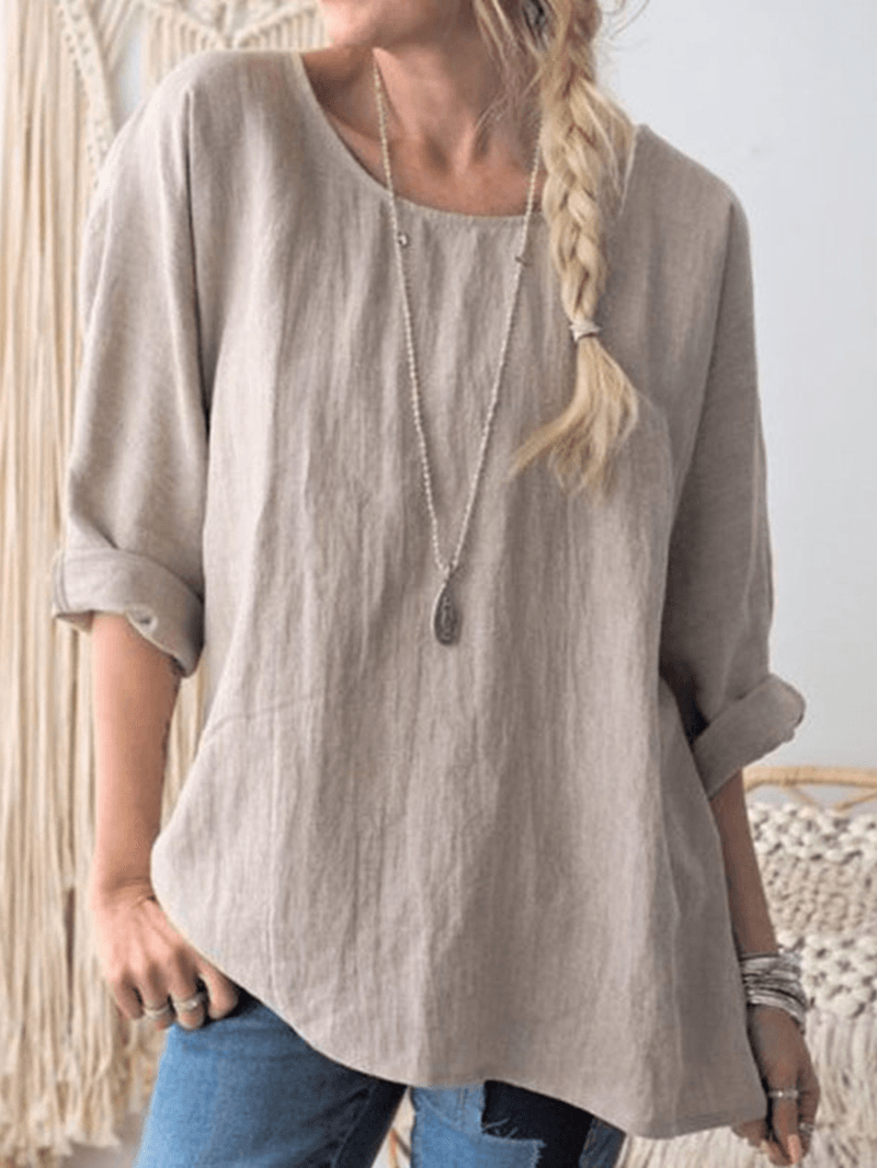 Women round Neck Long Sleeve Solid Color Cotton Blouse - MRSLM