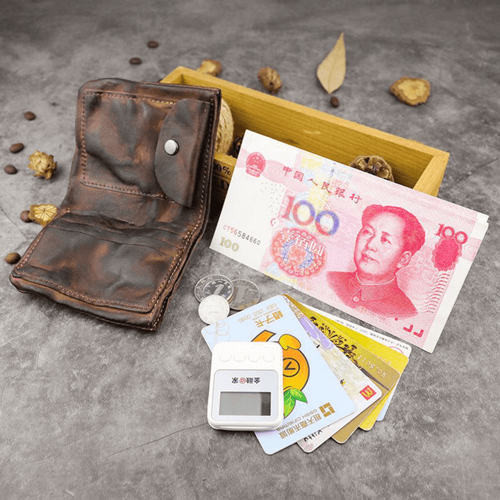Men Genuine Leather Washed Bifold Retro Short Folded Cowhide Card Holder Coin Purse Wallet - MRSLM