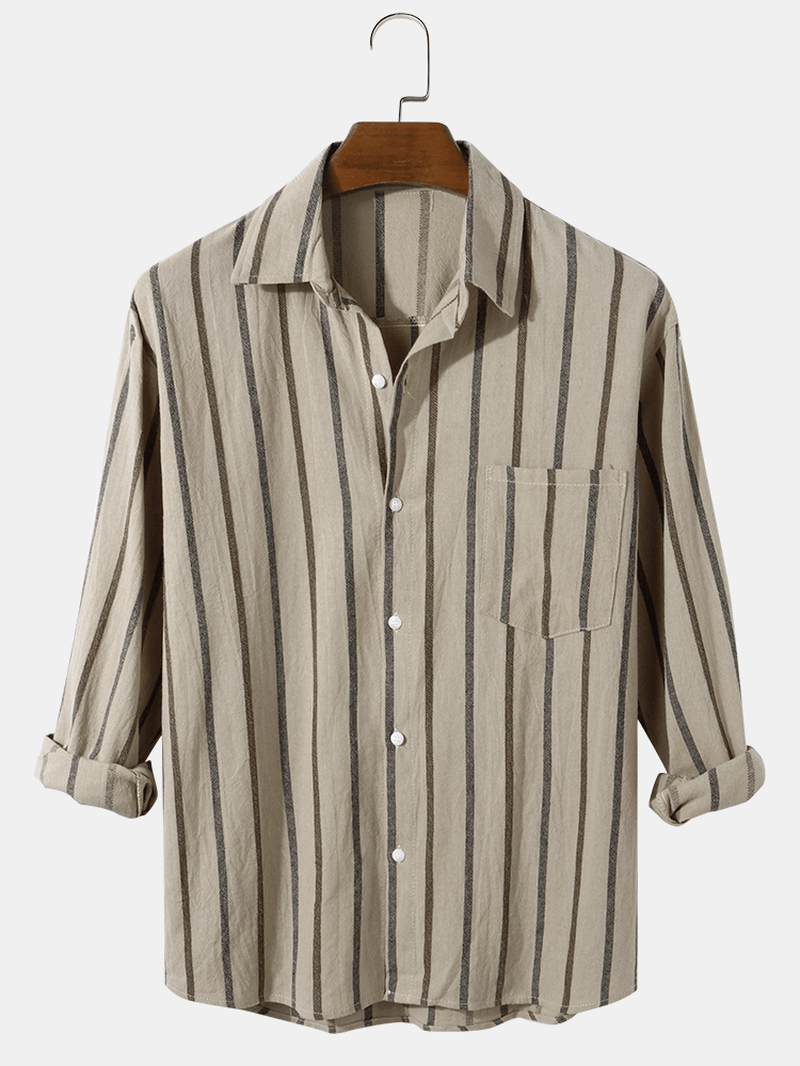 Mens Vertical Stripe Cotton Relaxed Fit Button up Long Sleeve Shirts with Pocket - MRSLM