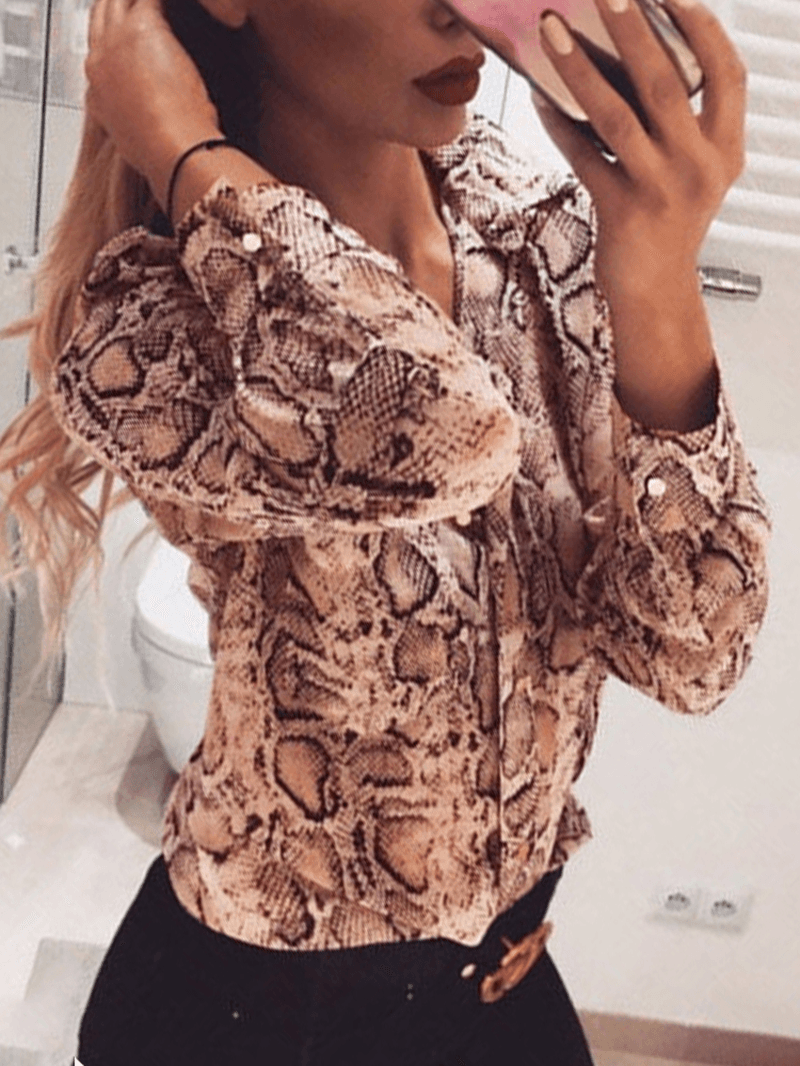 Women Cobra Snake Printed Long Sleeve Button Shirt Stylish Button Blouse - MRSLM