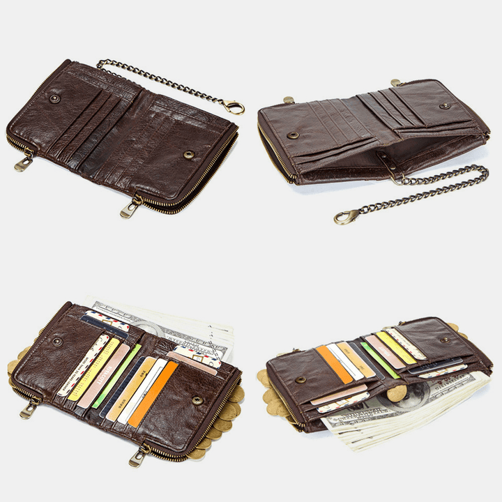 Men Genuine Leather RFID Blocking Anti-Theft Vintage Zipper Coin Bag Card Holder Chain Wallet - MRSLM